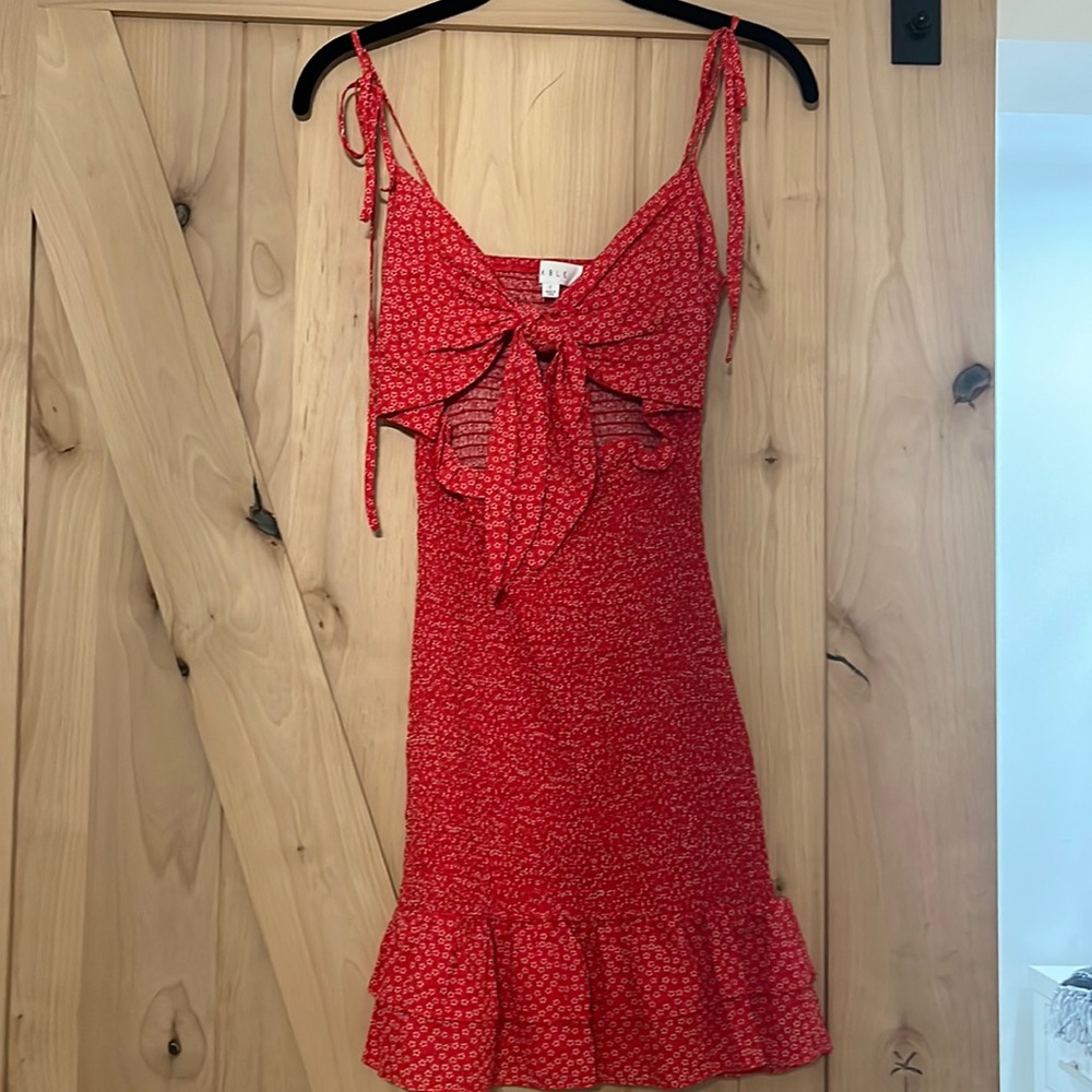 red dress with small floral print
